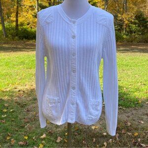 SAINT JAMES SWEATER CARDIGAN WHITE COTTON RIBBED SNAP FRONT POCKETS SIZE 12